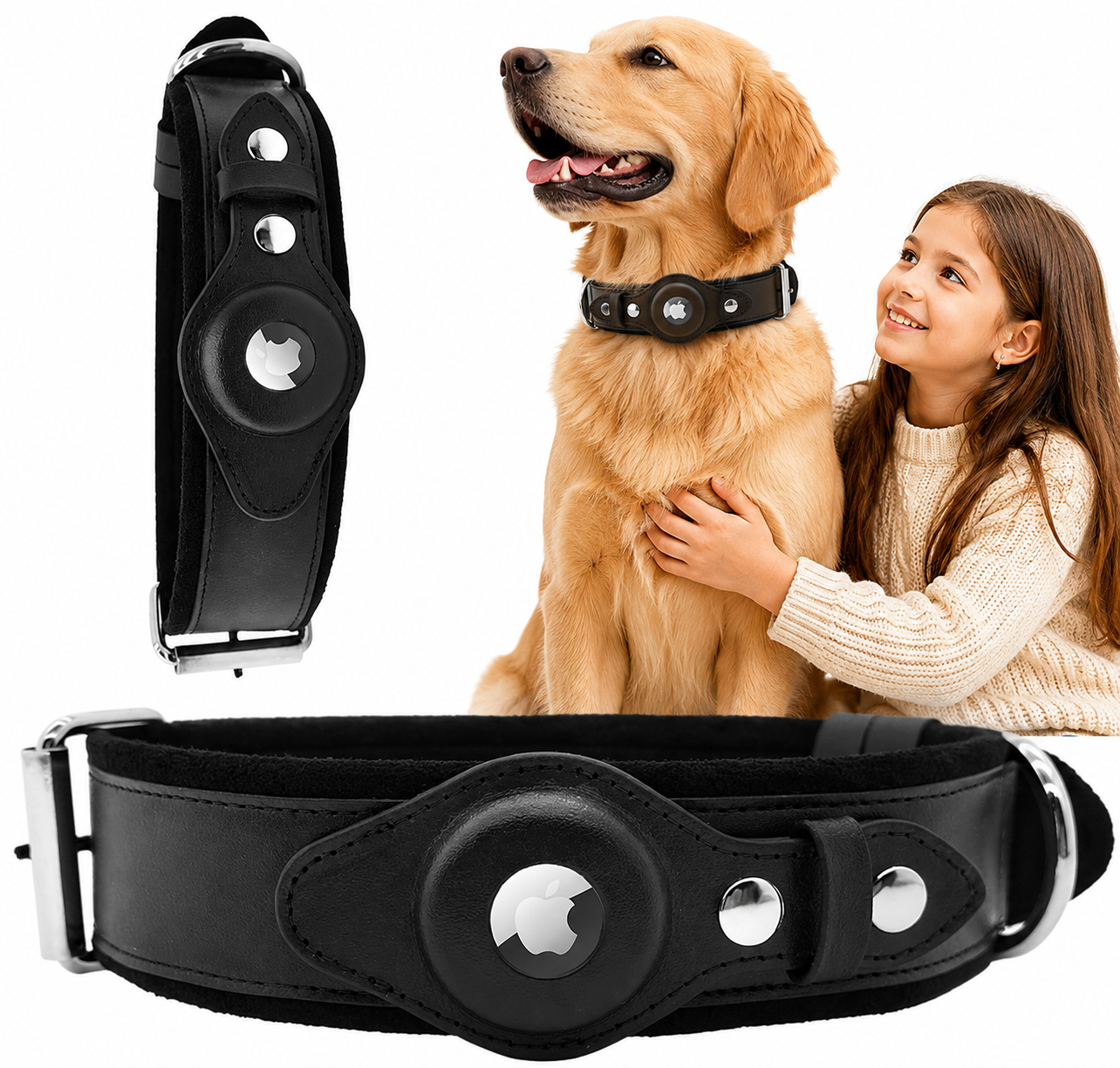Leather Dog Collar with AirTag Holder